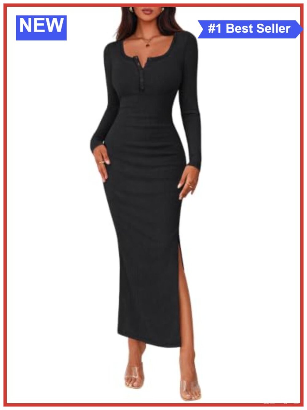 Long Sleeve Bodycon Maxi Dress Knit Button Side Slit Winter Party